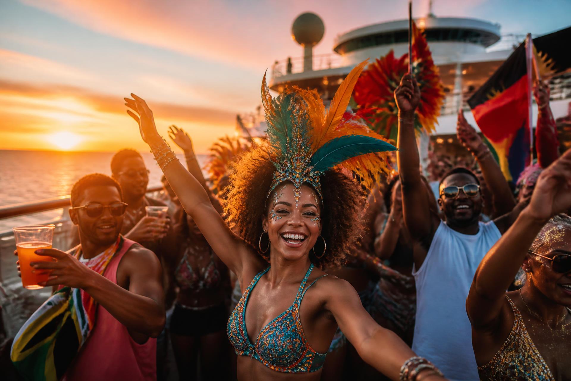 Guests dancing on a chartered cruise ship deck at sunset